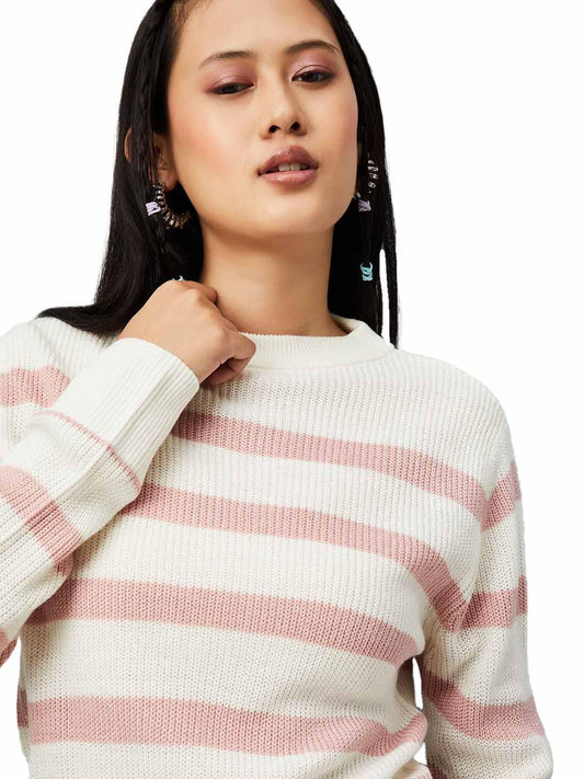 Max Women Striped Sweater (Off White_L)