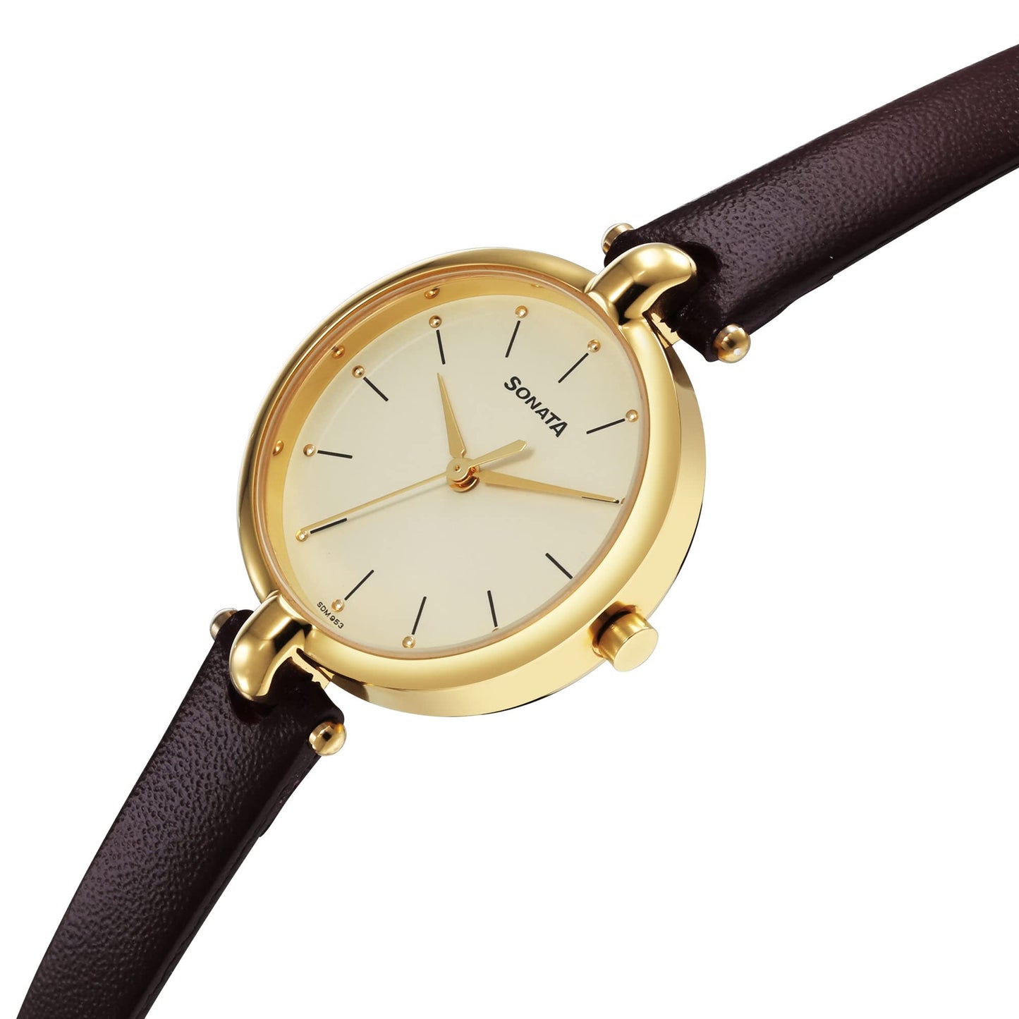 Sonata Gold Edit Quartz Analog Champagne Dial Brown Leather Strap Watch for Women - NR87043YL02W