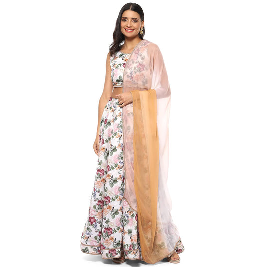 BIBA Women's Off White Cotton Blend Lehenga Set