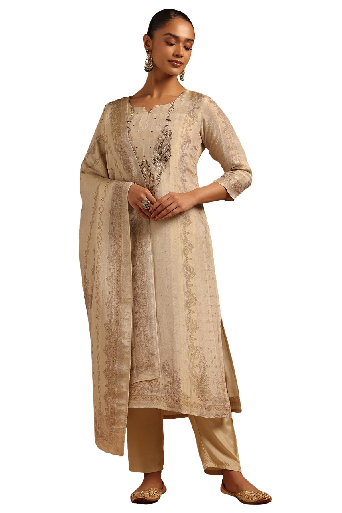 Soch Womens Beige Russian Silk Botanical Salwar Suit With Beads