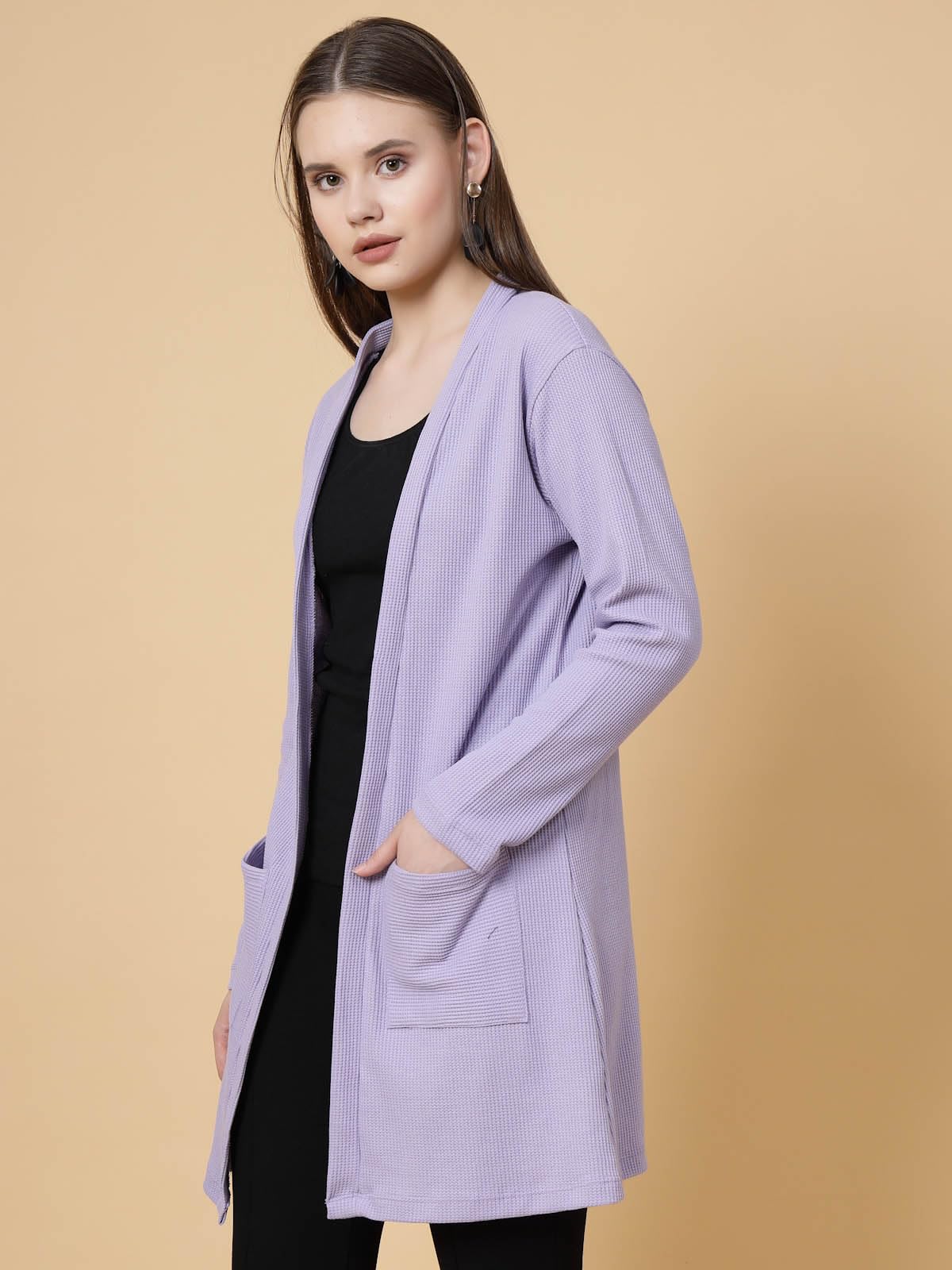 Rigo Cotton Front Open Shrug for Women | Stylish, Slim Fit, Long | Casual Wear, Solid Full Sleeves With Pockets (Light Purple, Free Size)