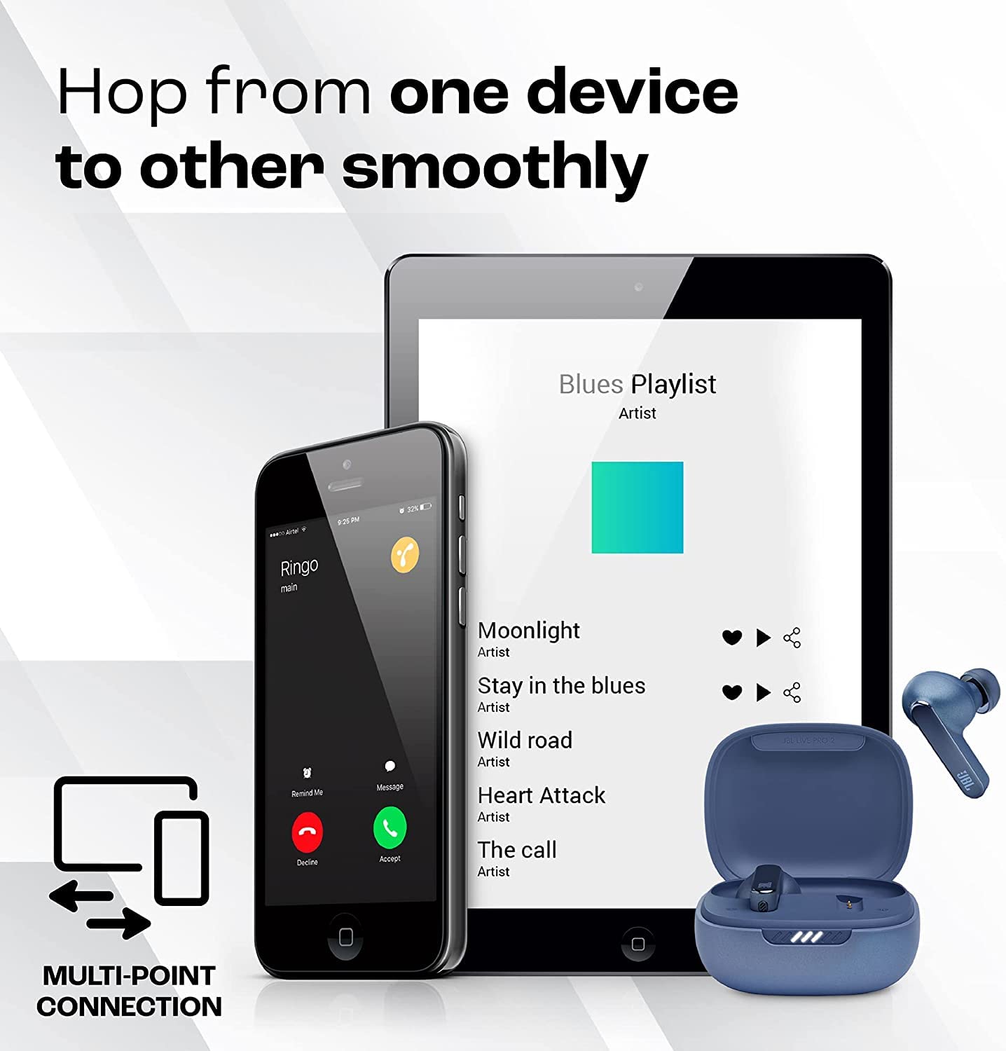 JBL Live Pro 2 Premium in Ear Wireless TWS Earbuds, ANC Earbuds, 40Hr Playtime, Dual Connect, Customized Bass with Headphones App, 6 Mics for Clear Calls, Wireless Charging, Alexa Built-in (Blue)