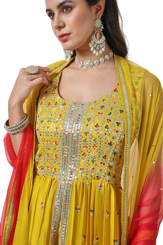 Soch Womens Yellow Sequin Embellished Georgette Blend Ethnic Gown