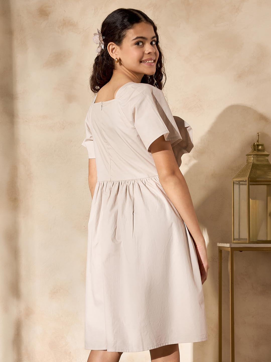 Max Girl's Cotton A-Line Midi Dress (B25KGOFSDR563_Cream