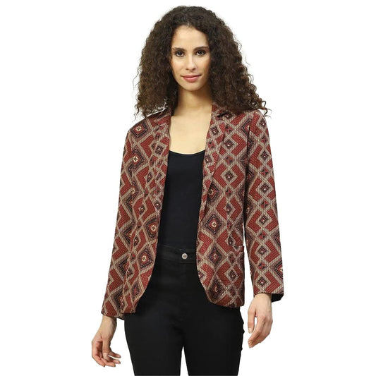 BIBA Women Printed Mix and Match Polyester Blend Standard Length Jacket (WINTER W18761_Brown_34)