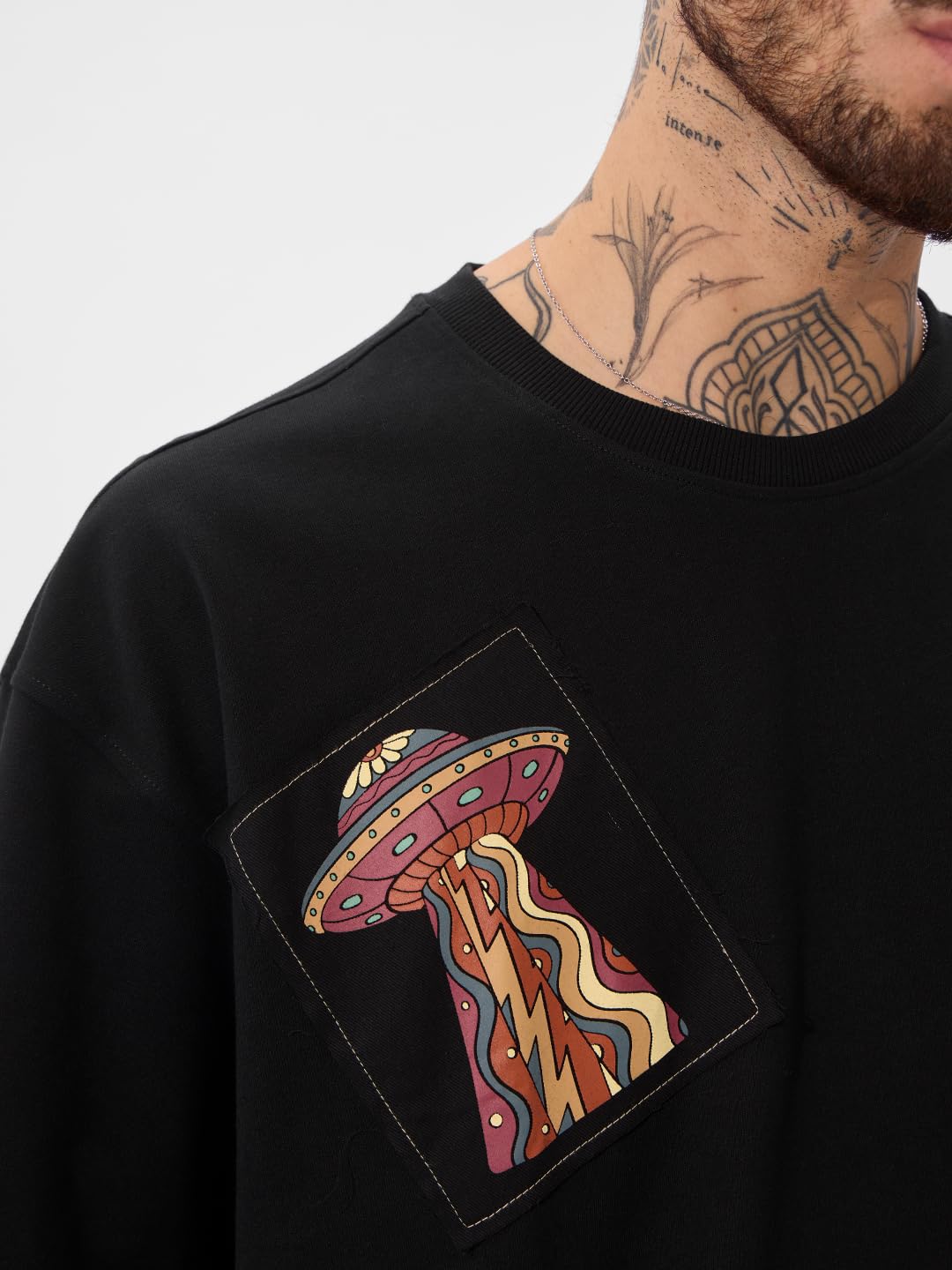 The Souled Store Antariksh Oversized T-Shirt for Men Boys Cotton Casual Half Sleeves Baggy Loose Fit Drop Shoulder Round Neck Black