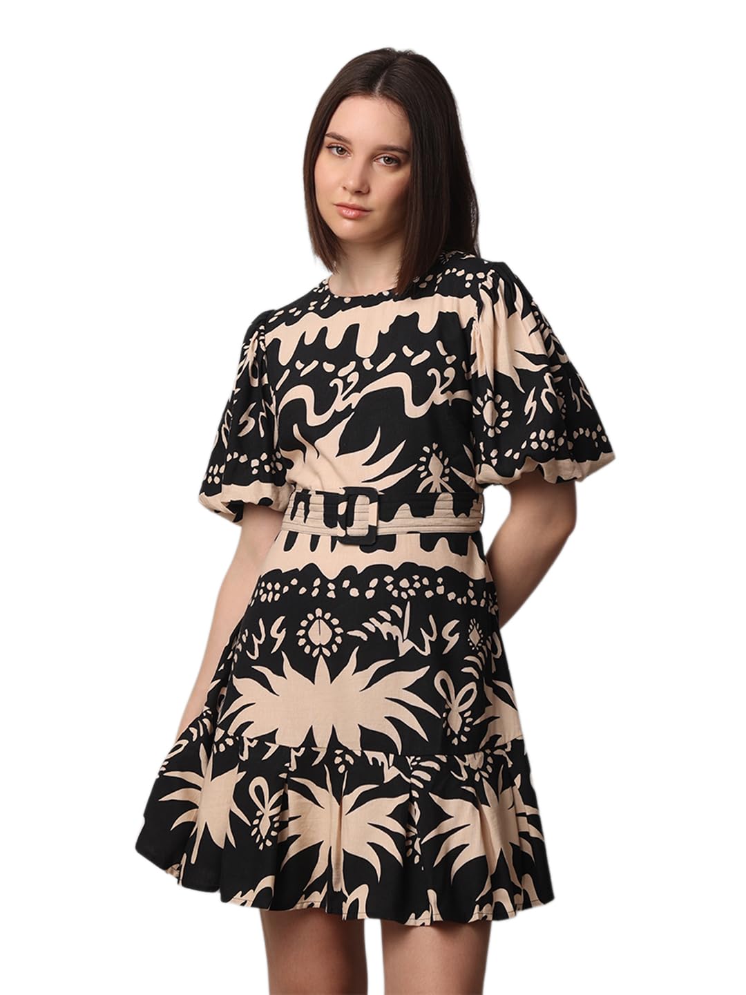 ONLY Women Printed Fit and Flare Casual Black Fit and Flare Dress