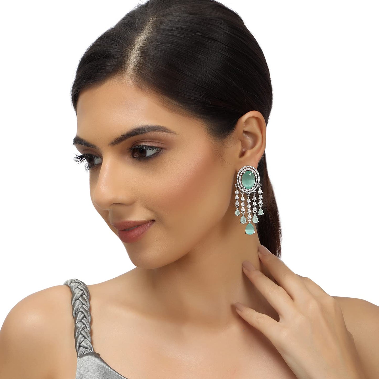 AccessHer Chandelier Earrings for Women | American Diamond Drop Earrings with Turquoise Blue Semi-Precious Stones | Elegant Traditional Jewelry for Special Occasions