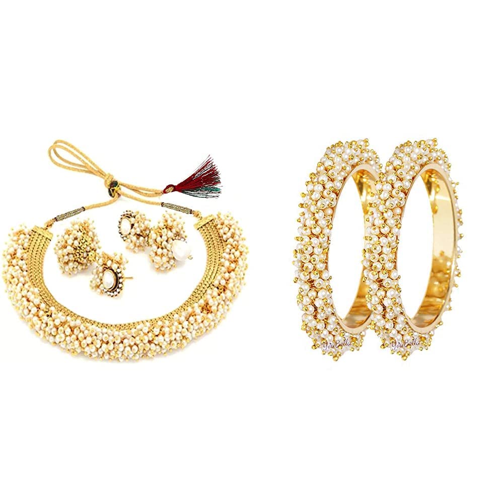 YouBella Jewellery (Pair) for Women: Gold Plated Pearl Studded Traditional Temple Necklace Set + Traditional Pearl Studded Gold Plated Bangles