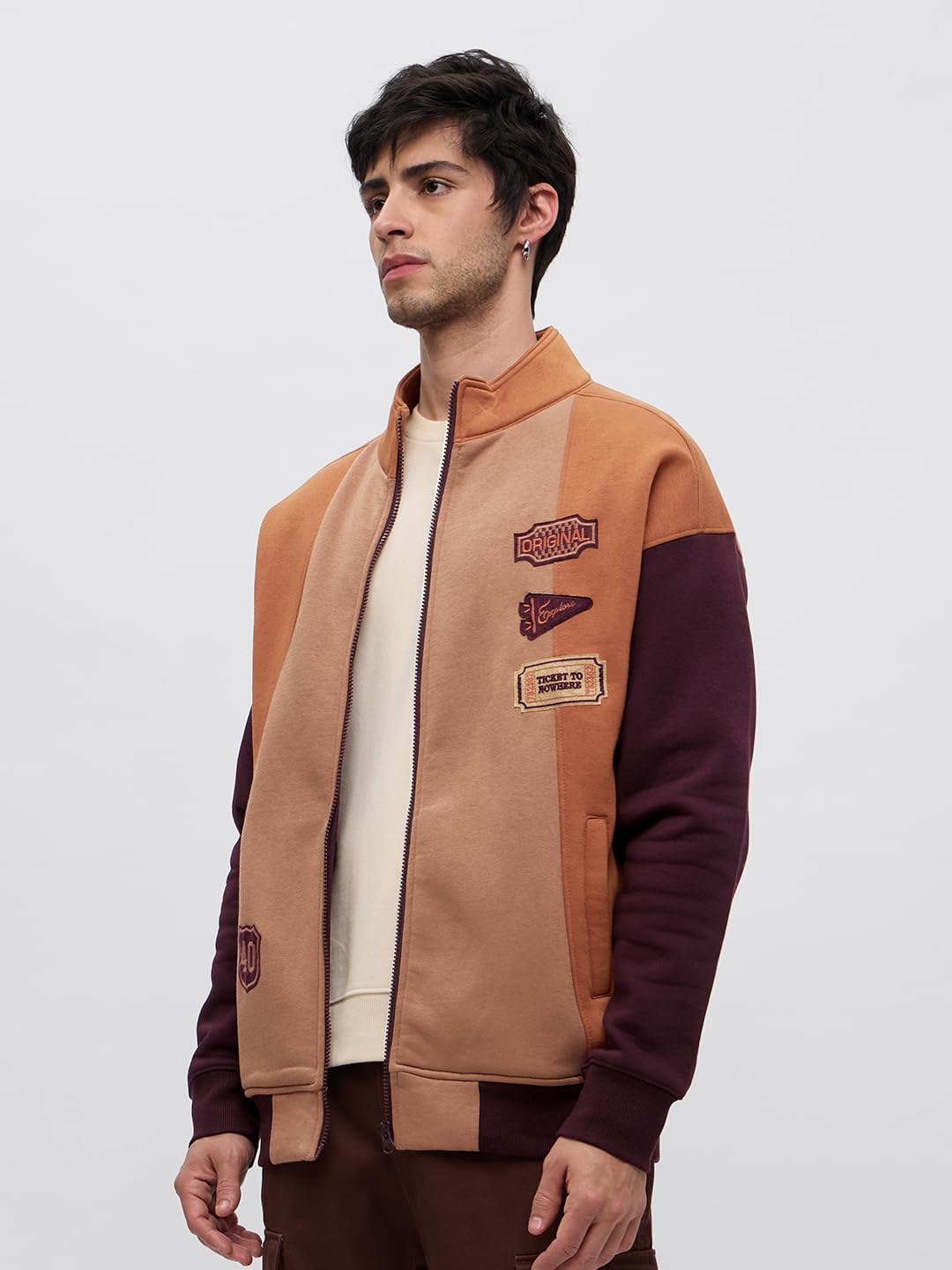 The Souled Store Ticket To Nowhere Men and Boys Long Sleeves Stand Collar Zipper Front Brown Cotton Blend Oversized Racer Jackets