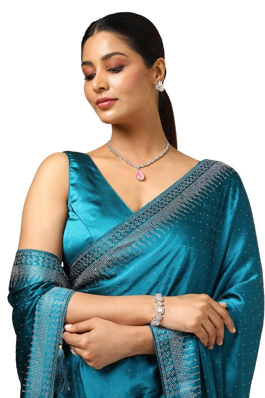 Soch Womens Teal Satin Embellished Saree With Stone Work