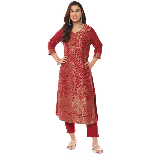 BIBA WOMEN YARNDYED NARROW SALWAR KURTA DUPATTA(SKDASSORTED8390_MAROON_38)