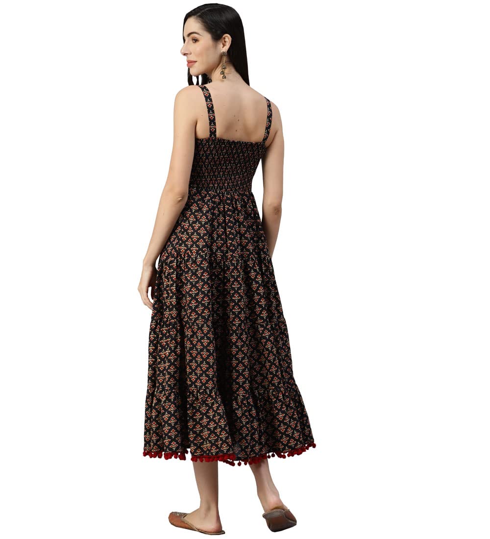 Divena Women Black Floral Printed Fit and Flare Shoulder Strip Long Dress,Medium