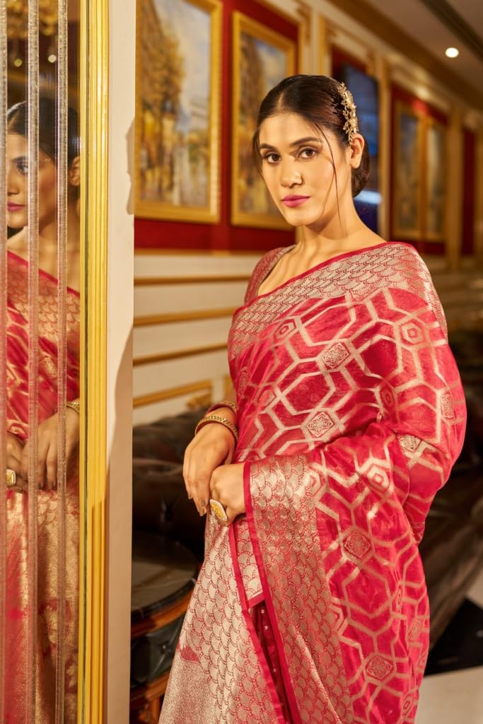 MADHUHANSH Womens Organza Plain Saree with Patola Printed Solid Pattern 6 Yard Length and Unstitched Blouse Piece