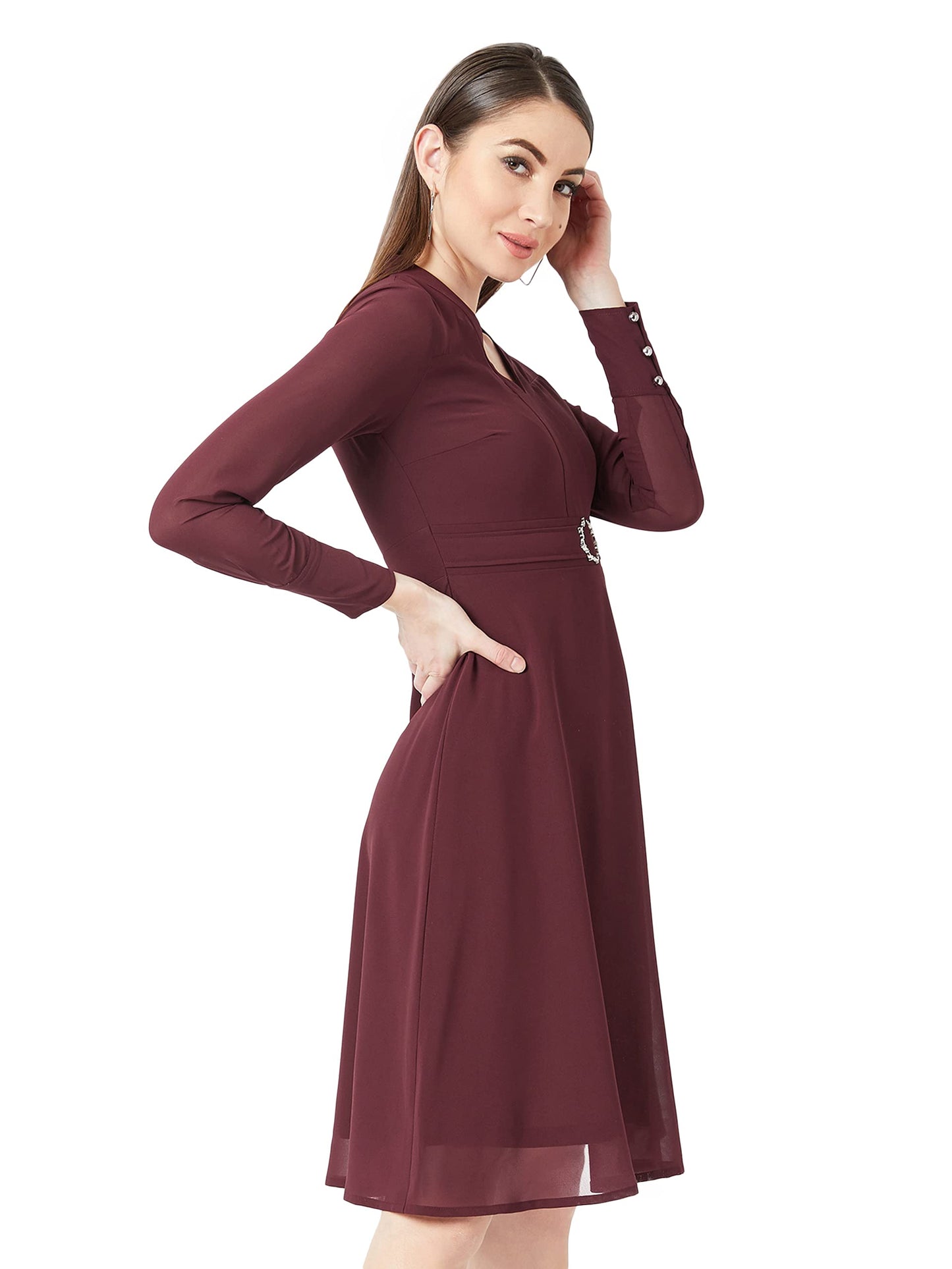 Miss Chase Women's Wine Red V-Neck Full Sleeve Solid Fit & Flare Midi Dress(MCSS20D14-39-184-03_Maroon_S)