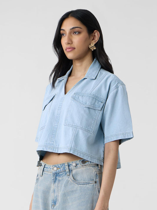 The Souled Store Denim Shirt: Mid Blue Women and Girls Short Sleeves Collared Neck Pull On Solid Cotton Oversized Cropped Shirts