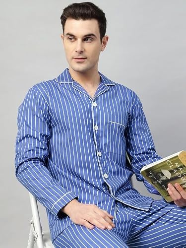 Hancock Men Cotton Printed Night Suit Blue & White Size L