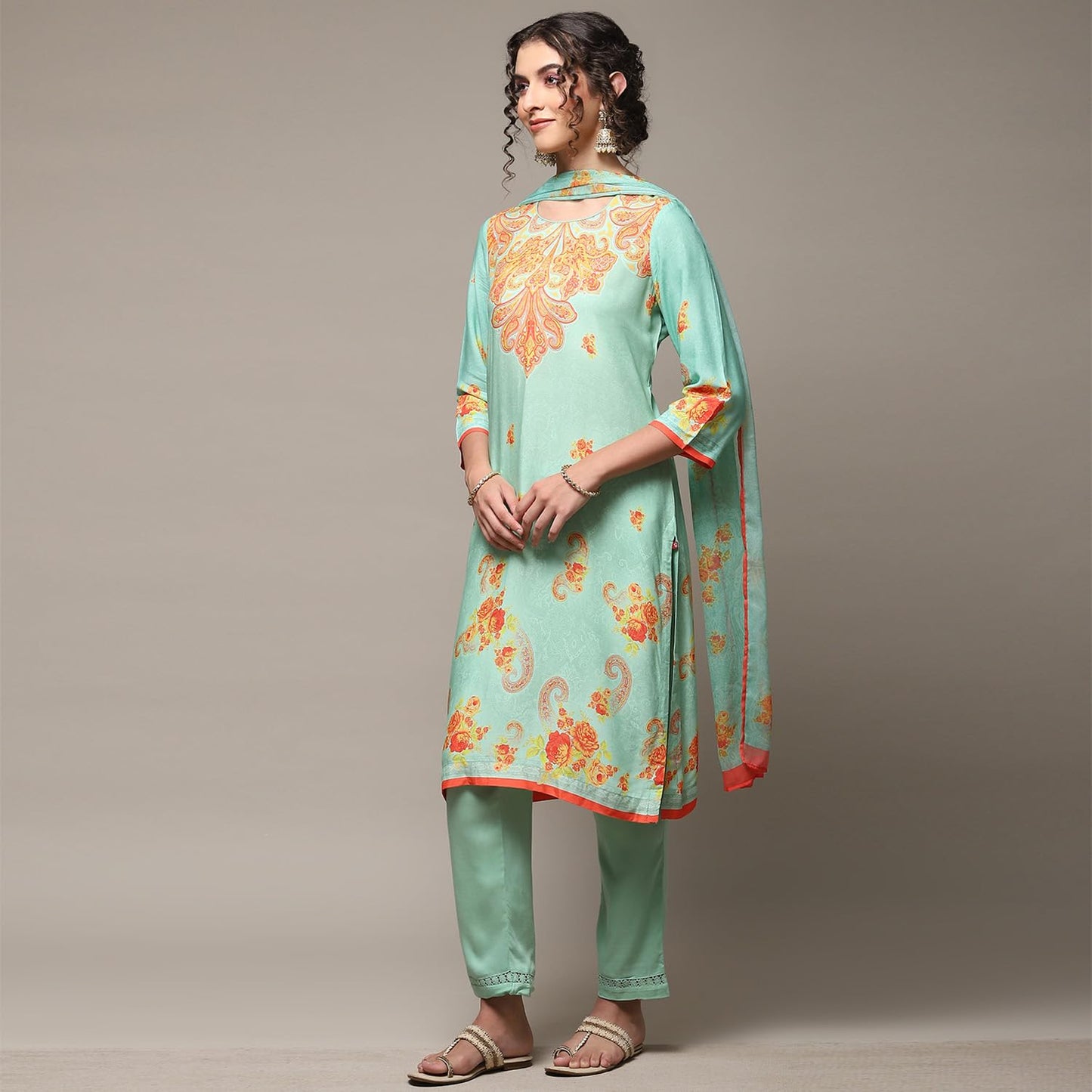 BIBA WOMEN PRINTED NARROW SALWAR KURTA DUPATTA(SKDASSORTED7940E_SEA GREEN_38)