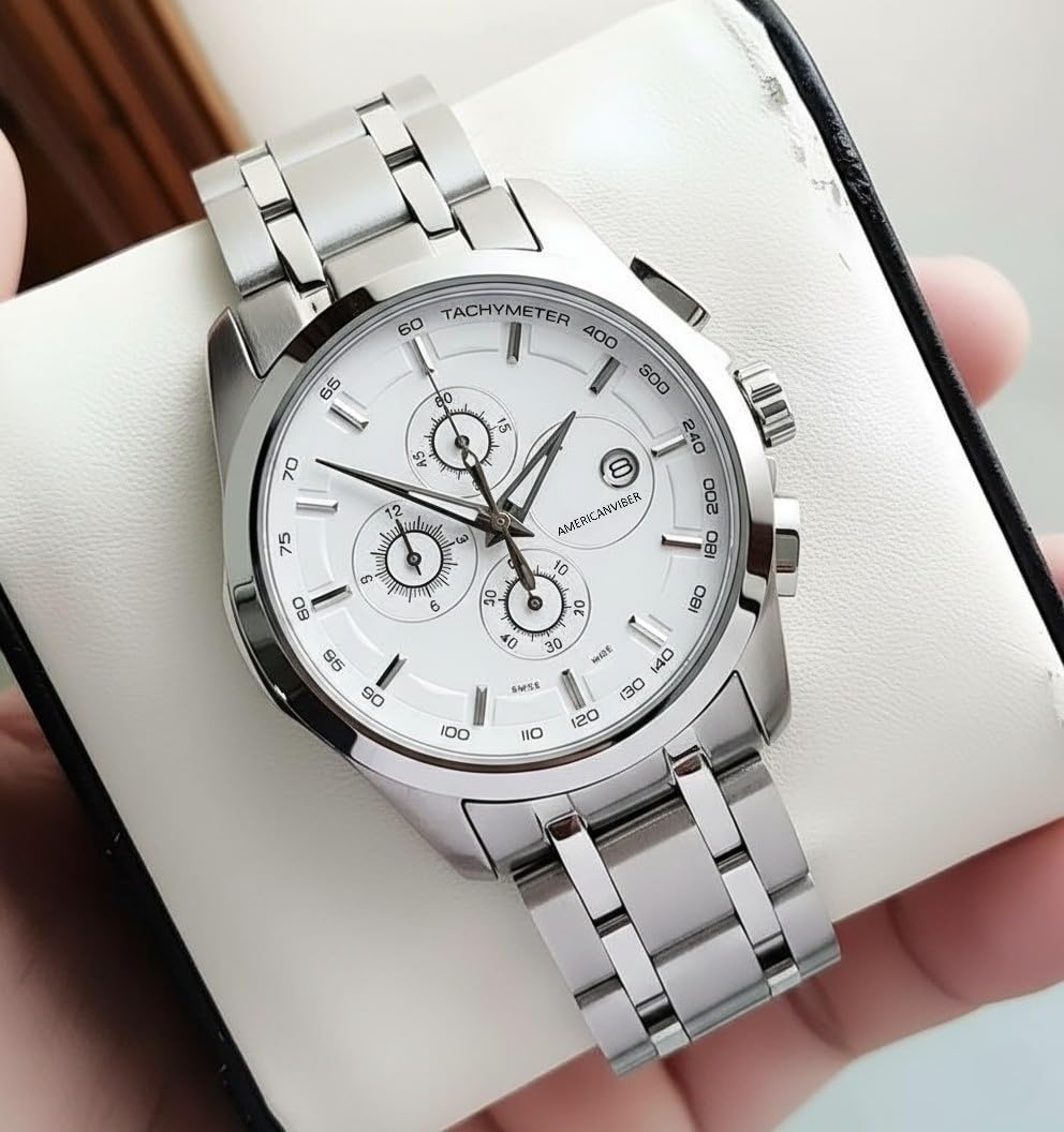 AMERICANVIBER Modern Analog Watch, Silver and Black Two-Tone Stainless Steel Band, Octagonal Case, White Dial for Men (Rose Silver)