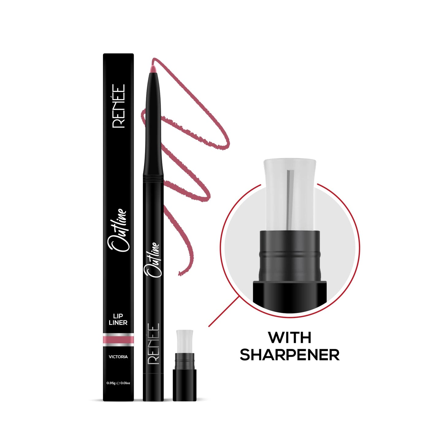 RENEE Outline Lip Liner With Built-in Sharpener 01 Victoria 0.35gm, Long Lasting & Smudge Proof, Matte Finish & Rich Color Payoff, One Swipe Application
