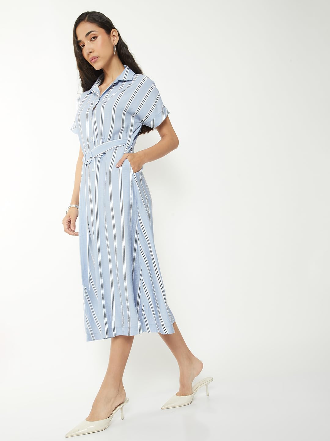 Max Women Striped Shirt Dress (Blue_XL)