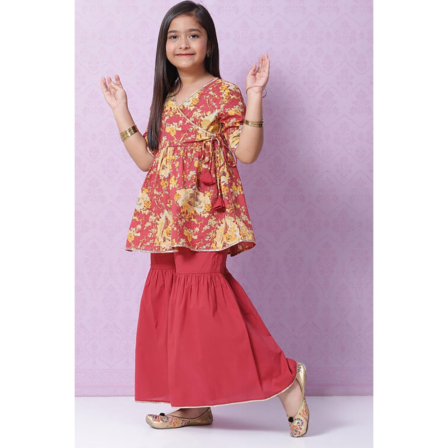 BIBA Girls Cotton Flared Printed Suit Set (KW5028EAW22RED_Red_4 5 Years)