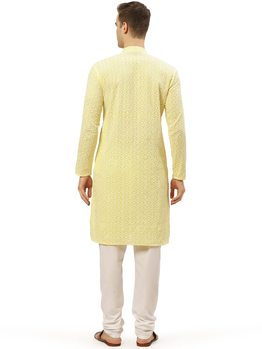 Jompers Men's Yellow & White Embroidered Straight Kurta Pyjama Set. (Yellow, L)