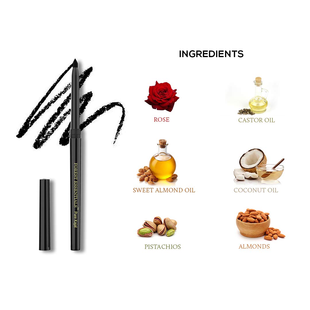 Forest Essentials Gulaab Khaas Pencil Kajal Charcoal Black | Made with Cow Ghee & Rose Petals | Natural Highly Pigmented Kajal | Helps in Cooling & Soothing the Eyes