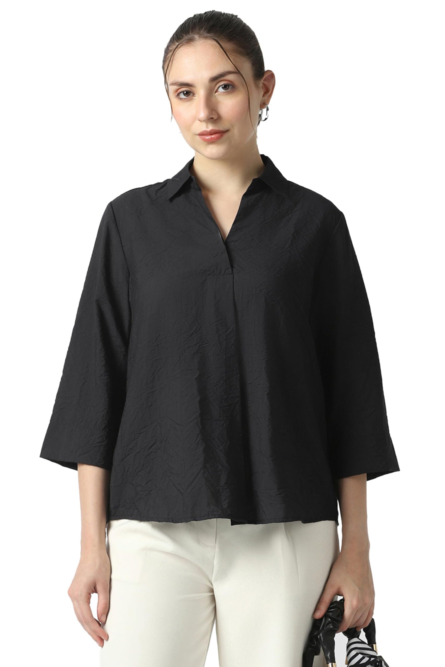 Women Black Solid Formal Stylized Neck Top
