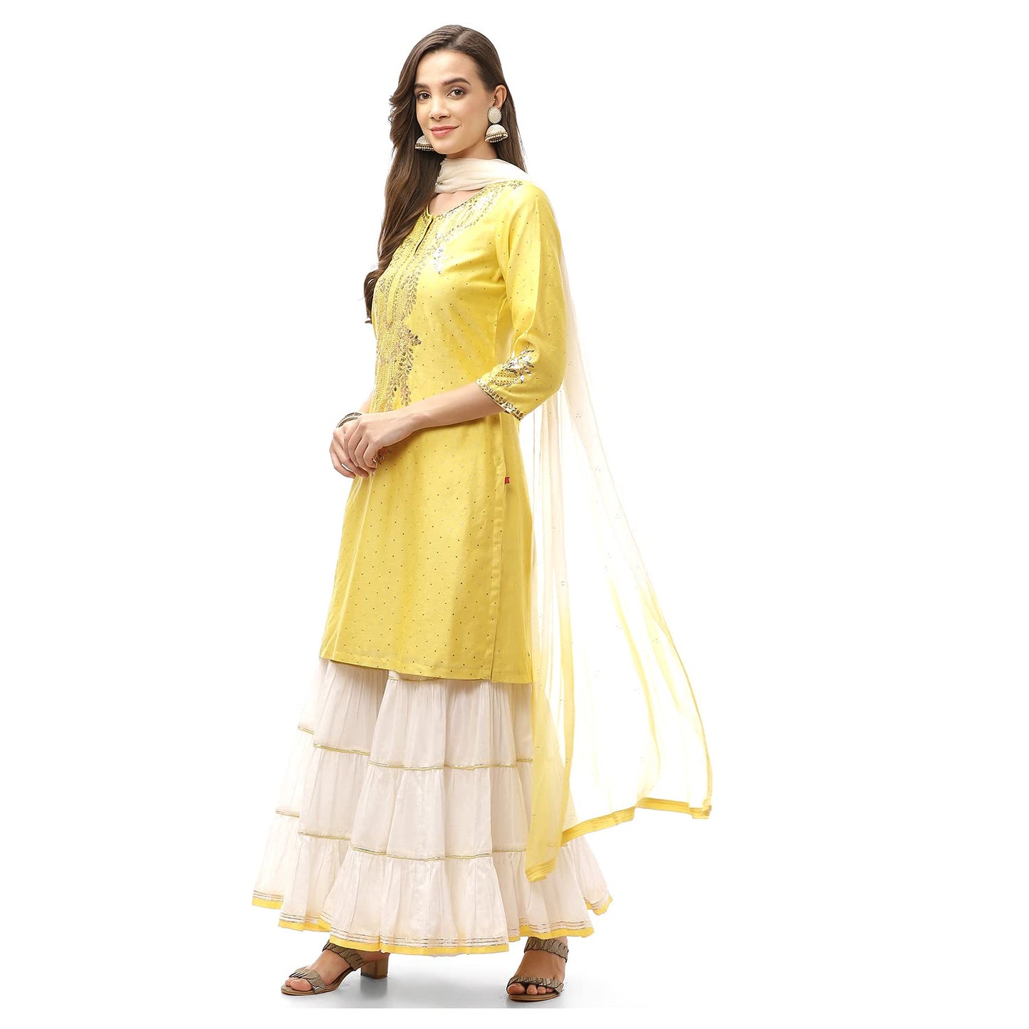 Biba WOMEN SOLID RELAXED SALWAR KURTA DUPATTA(SKDCHIKANKA7799_YELLOW/WHITE_36)