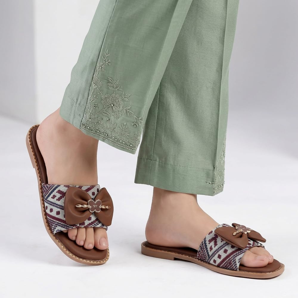 Pluxh Women's Ethnic Woven Crossover Flat Slide Sandals with Satin Bow, Metal Clover Charm & Gold Studded Sole | Casual Slip-On Sandals for Women & Girls|3UK