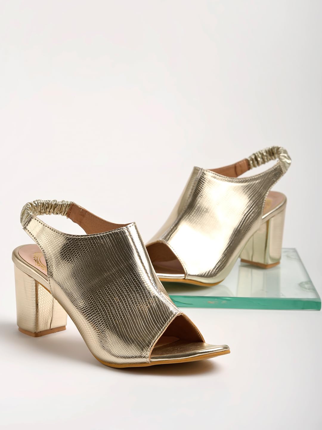 Shoetopia Western Embellished Golden Block Heeled Sandals For Women & Girls /UK7