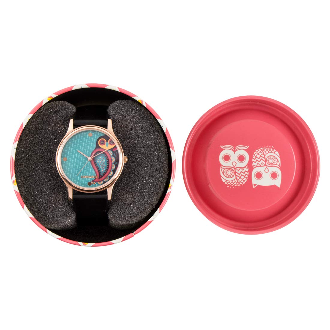 TEAL BY CHUMBAK Round Dial Analog Watch for Women,Folksy Owl Collection, Solid Vegan Leather Strap,Gifts for Women/Girls/Ladies,Stylish Fashion Watch for Casual/Work - Black