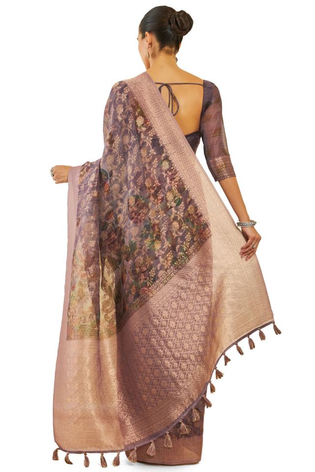 Soch Womens Purple Tussar Silk Saree With Floral Print And Zari Woven Designs