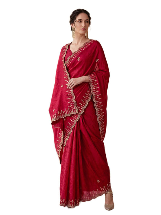 SIRIL Women's Crush Satin Scalloped Border Embellished Sequins Embroidery Saree with Unstitched Blouse Piece (4995S1162A_Red)