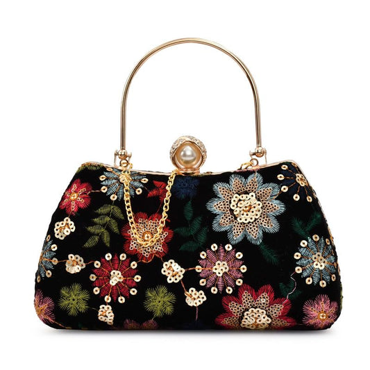 For The Beautiful You Women's Embroidered Velvet Clutch Purse with Pearl Clasp and Detachable Chain – Elegant Evening Handbag for Wedding, Party (Black)