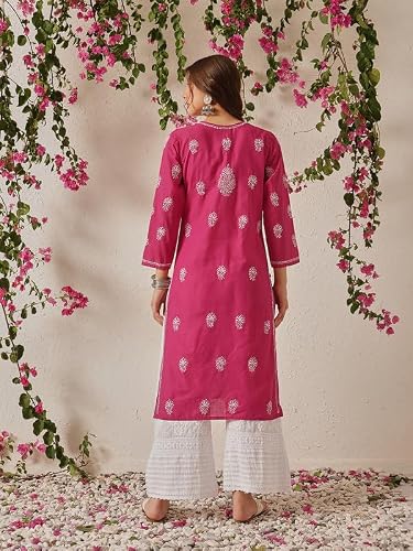 Ada Hand Embroidered Lucknowi Chikankari Cotton Kurti Kurta for Women A411775 Magenta (S)