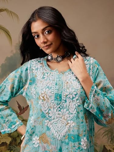 Ada Hand Embroidered Lucknowi Chikankari Printed Cotton Short Kurti Top Tunic for Women A911454 Blue (L)