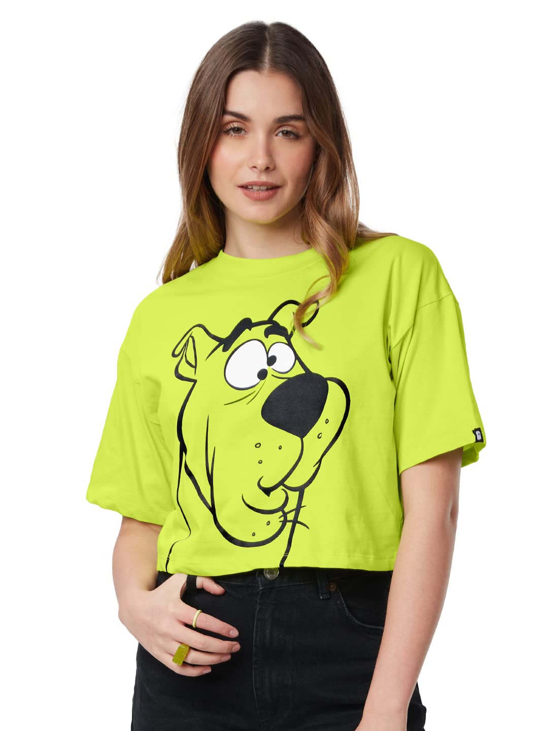 The Souled Store| Official Scooby Doo: Huh Women and Girls T-Shirts|Half Sleeve|Loose fit Graphic Printed|100% Cotton Green Color Women Oversized Cropped T-Shirts