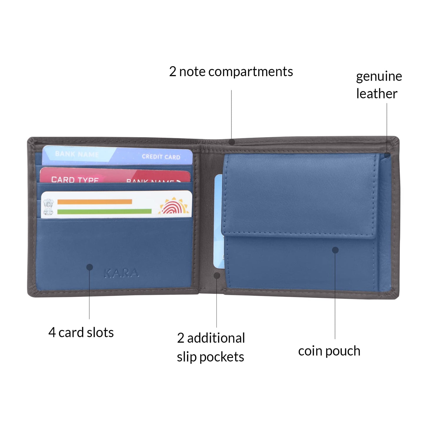 KARA Bifold Genuine Leather Men's Wallet - Regular Dual Color Brown & Blue Wallet for Men with Four Cards Slots
