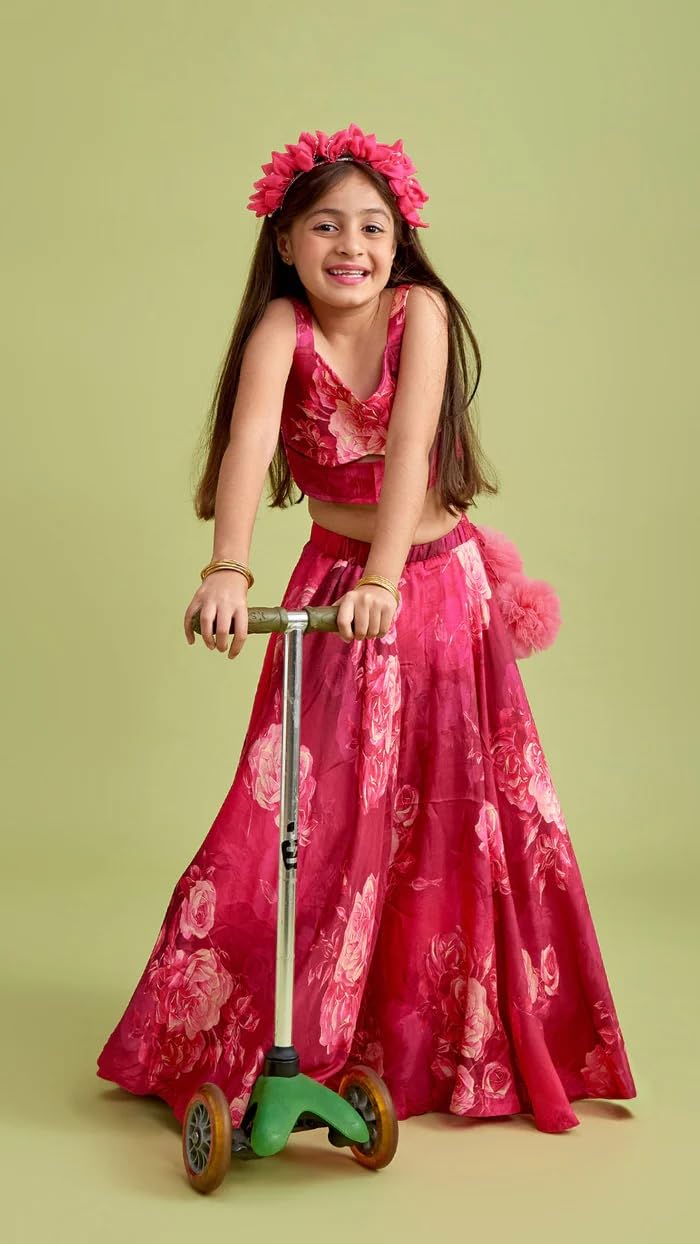 Leons Fab irl's Vibrant Floral Rayon Printed Stylish Crop Top And Lehenga (Pink, 11-12 Years)