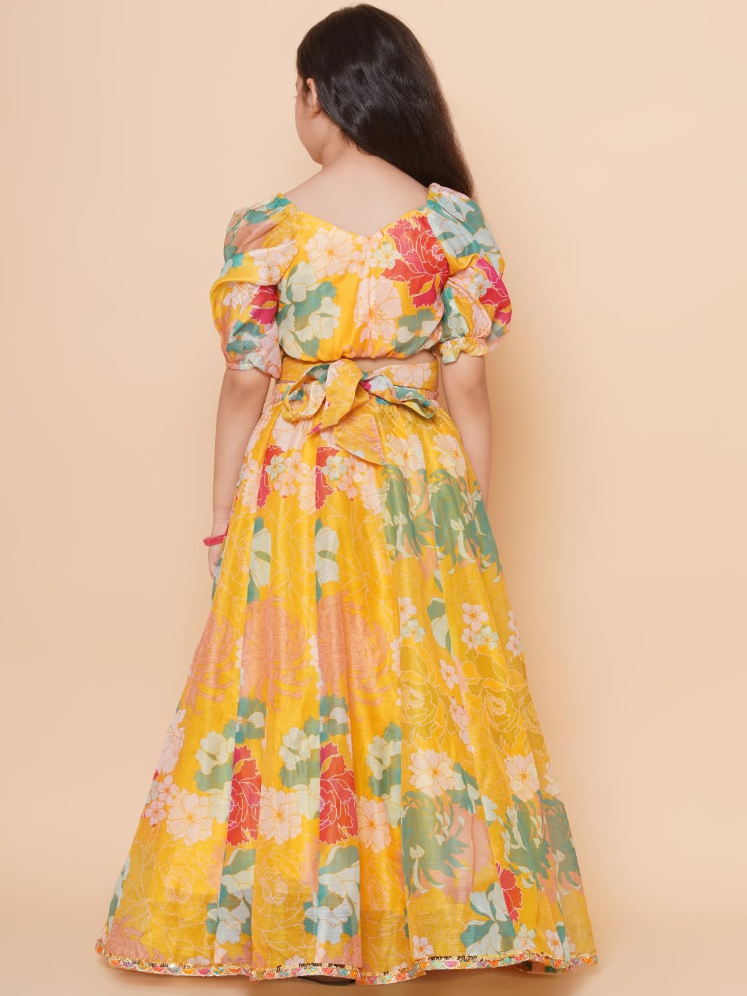 Bitiya by Bhama Girls Yellow Flower Digital Print Lace work Choli with Ready to wear Lehenga.