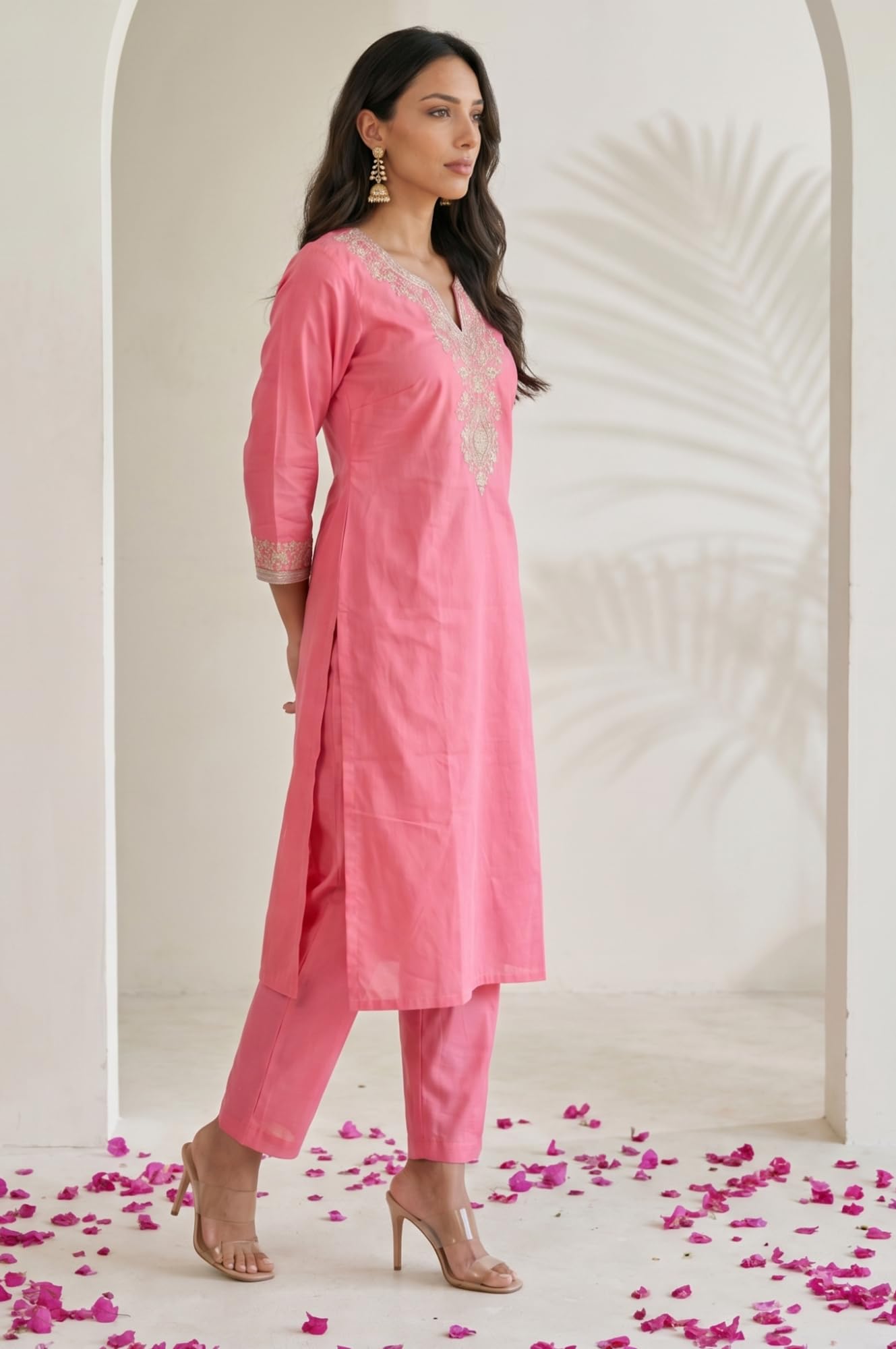 W for Woman Pink Embroidered Straight Kurta with Pants Set and jacquard Dupatta - (WS14009-225464-3XL)