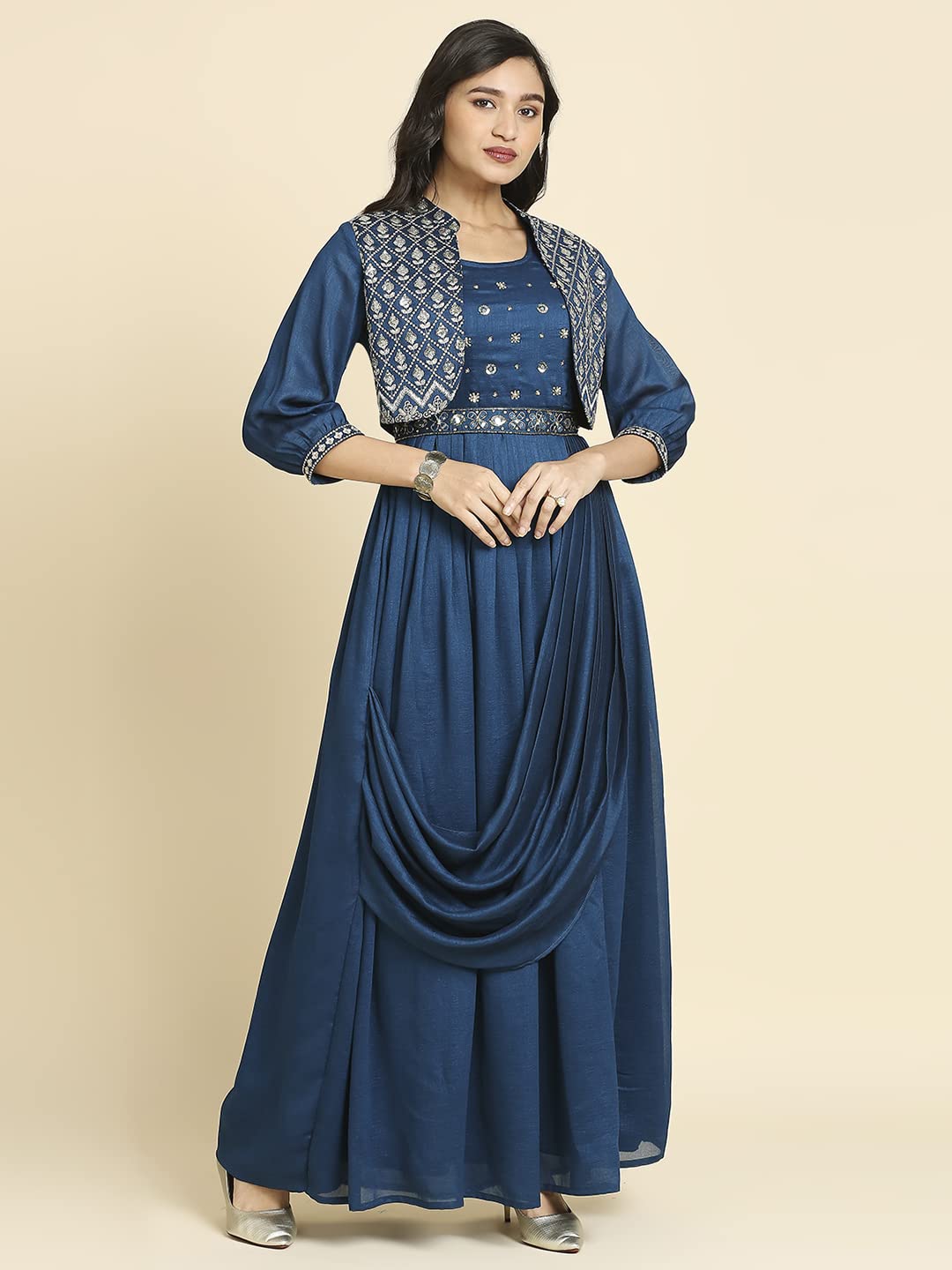 madhuram Women's Long Gown for Solid Silk with Heavy Embroidery and Hand Work Belt and Jacket with Round Neck Gown(M-2424) (in, Alpha, 4XL, Regular, Blue)