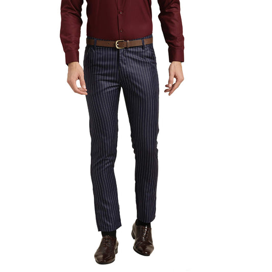SOJANYA (Since 1958 Men's Cotton Blend NavyBlue & OffWhite Striped Formal Trousers, Size: 38
