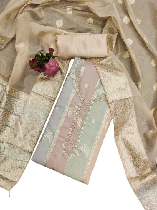 VARNI FABRICS Jacquard With Neck handwork Dress Material for Women Striped Unstitched Woman Salwar Suit Dress Material With Jacquard Dupatta Pastel Multicolors