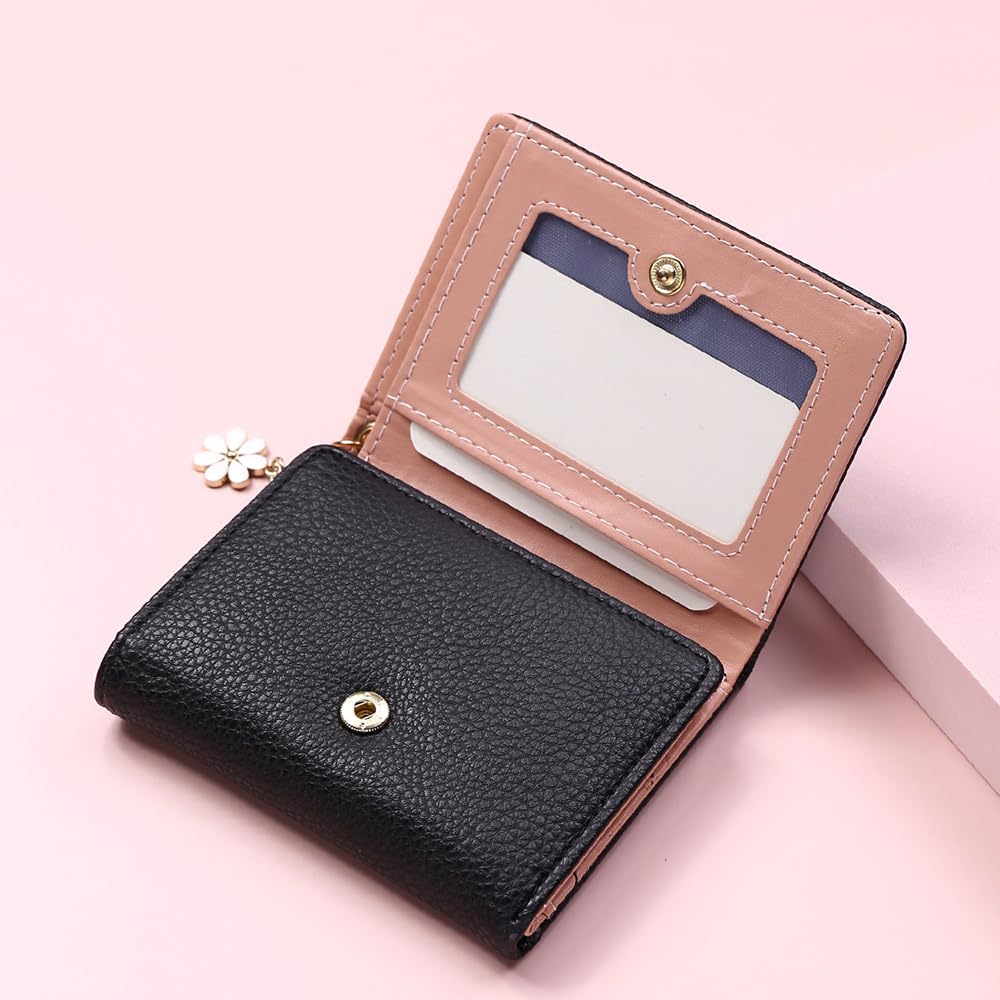 Alexvyan Black Hello Small Tri-Fold Women's Purse Wallet Card Organizer Female Hand Purse Clutch Women/Ladies/Girls Wallets 5 Card Holder 1 Long & 1 Small Pocket
