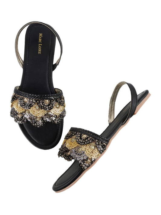 Marc Loire Women's Embroidered and Embellished Flat Fashion Sandals (Black, 5)