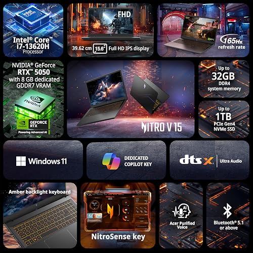 Acer Nitro V 15, Intel core i7-13th Gen 13620H,NVIDIA GeForce RTX - 5050 8GB, 16 GB/512 GB,Full HD IPS,15.6"/39.62 cm,165 Hz, Win 11 Home, Obsidian Black, 2.113 kg, ANV15-52, Amber KB,Gaming Laptop