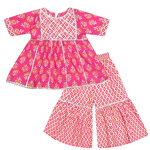 superminis Baby Girls Cotton Sanganeri Printed Frock Style Kurti With Printed Sharara Dress (6-12 Months, Light Pink)